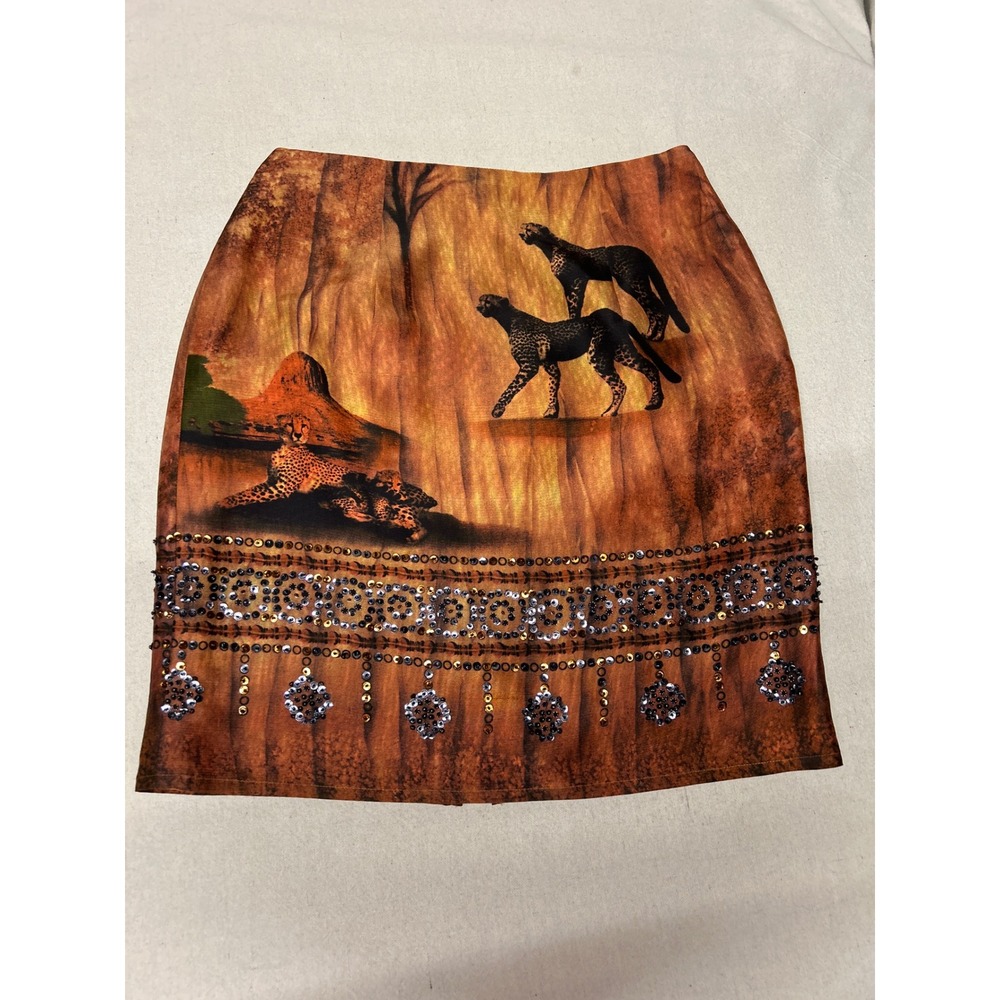 Silk Club Petite Vintage Y2K 100% Silk Cheetah Safari Sequin Skirt Orange P/6